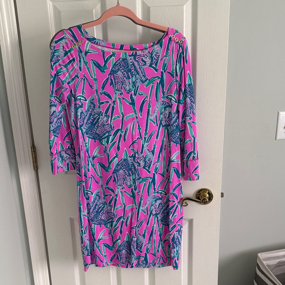 Lilly Pulitzer Pink Teal Blue Tropical Print Shift Dress